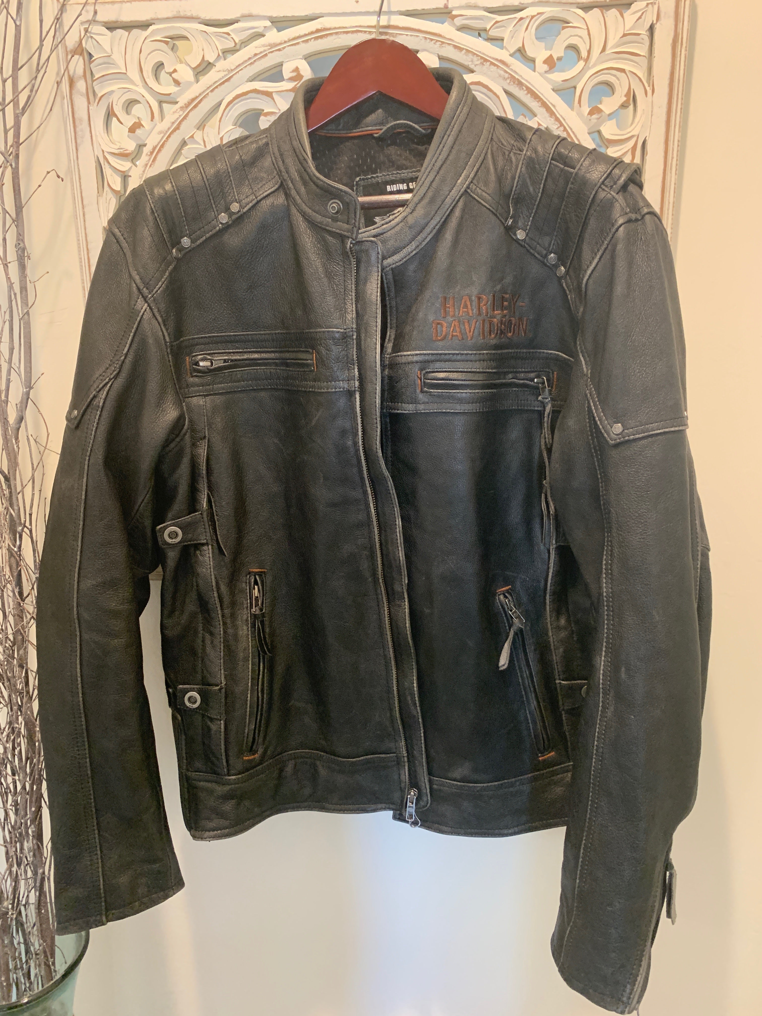 Women's Vintage Harley Davidson Black, Orange & Beige Leather Jacket